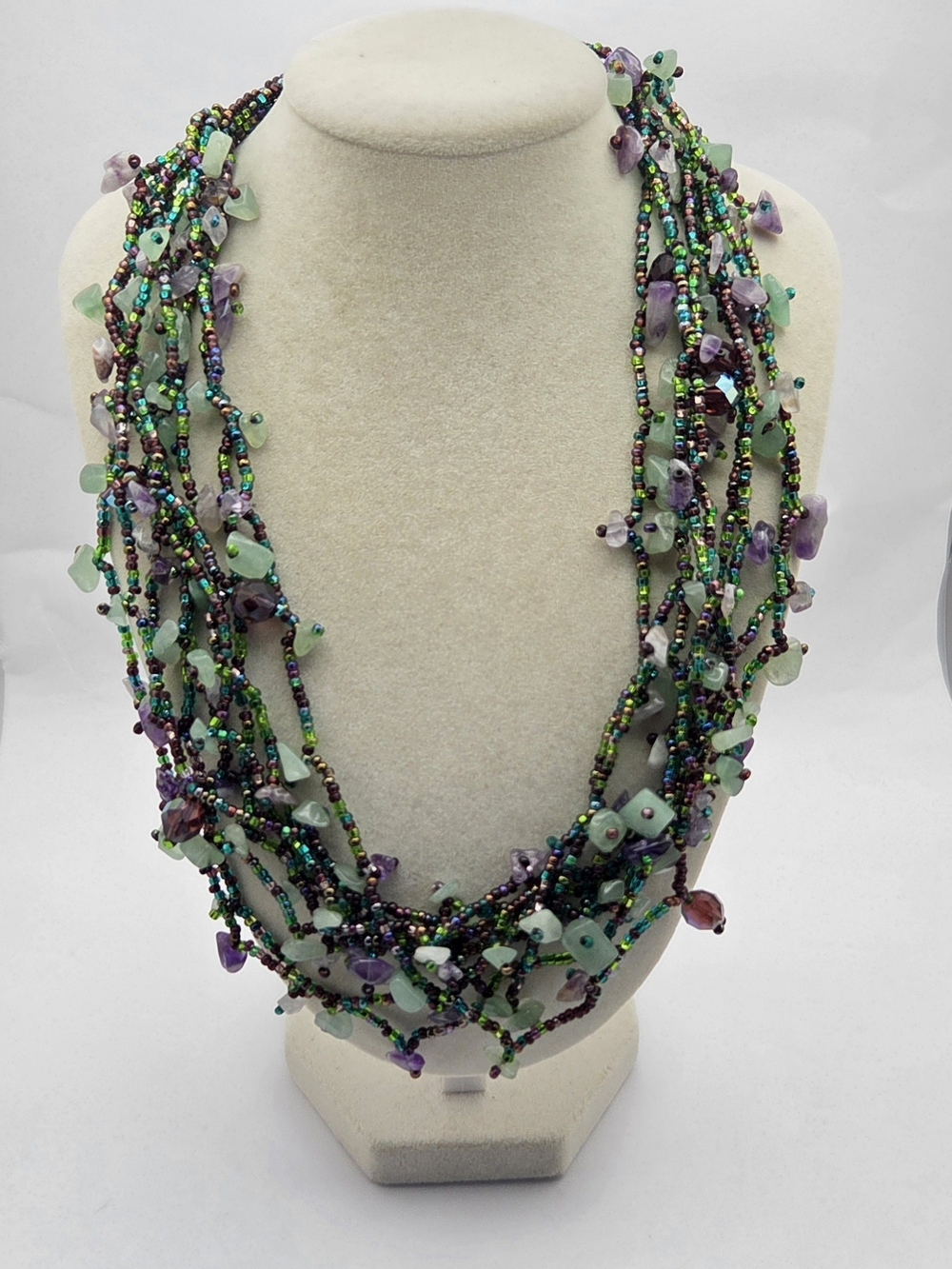 Seed Bead & Gemstone Chip Multi Strand Statement Necklace 18.5" Magnetic Clasp